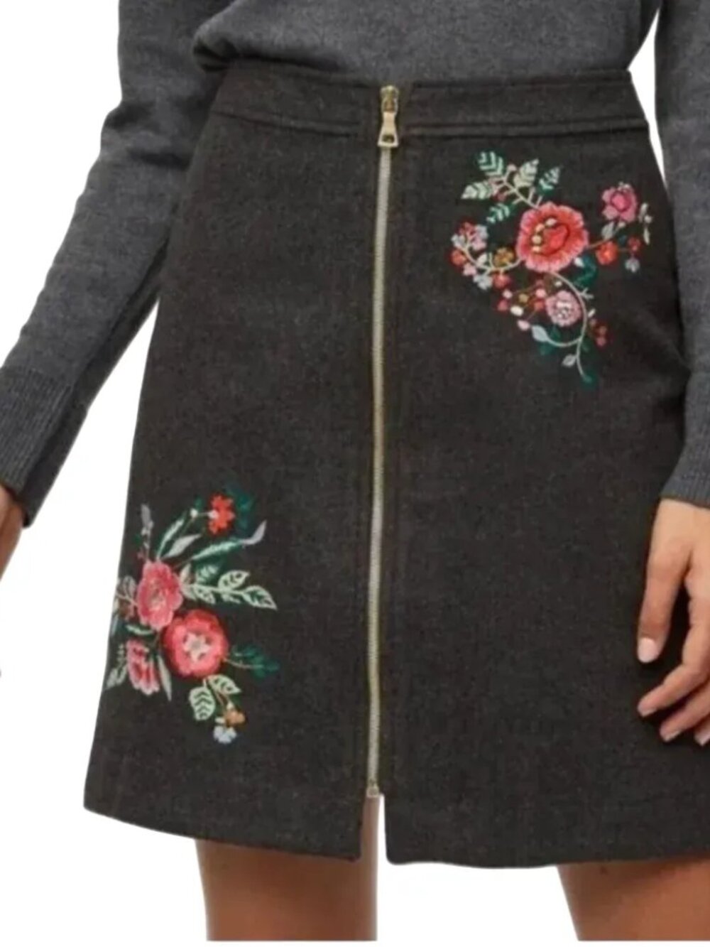 LOFT Wool Blend Floral Embroidered Zip Front Skirt in Charcoal Gray  SZ 12